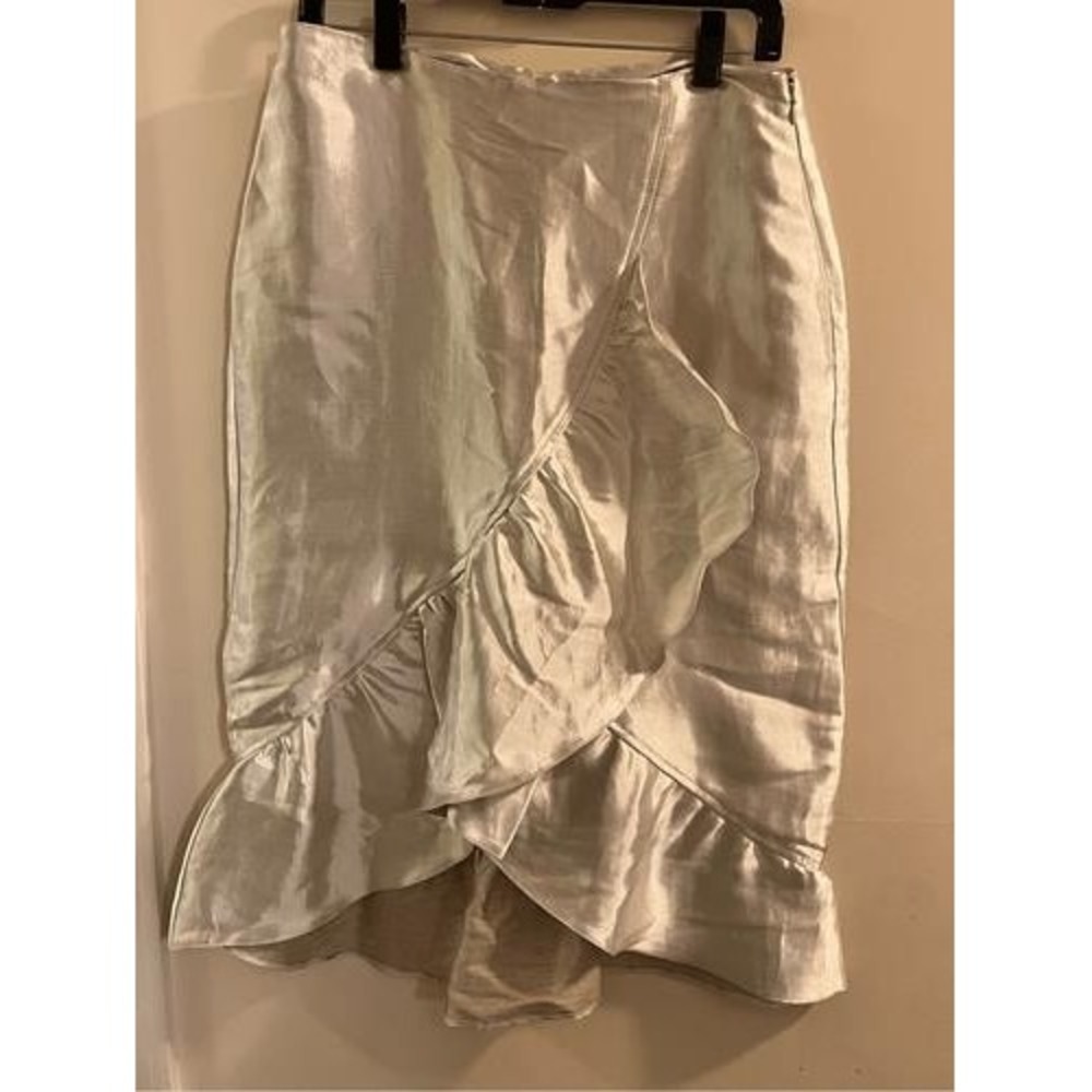 Topshop Womens Silver Metallic Ruffle Wrap Midi Skirt High Waist‎ Size 12
